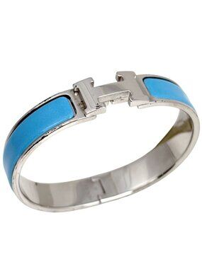 Hermes Clic Enamel Bracelet Clac Bangle Silver Plated Light Blue